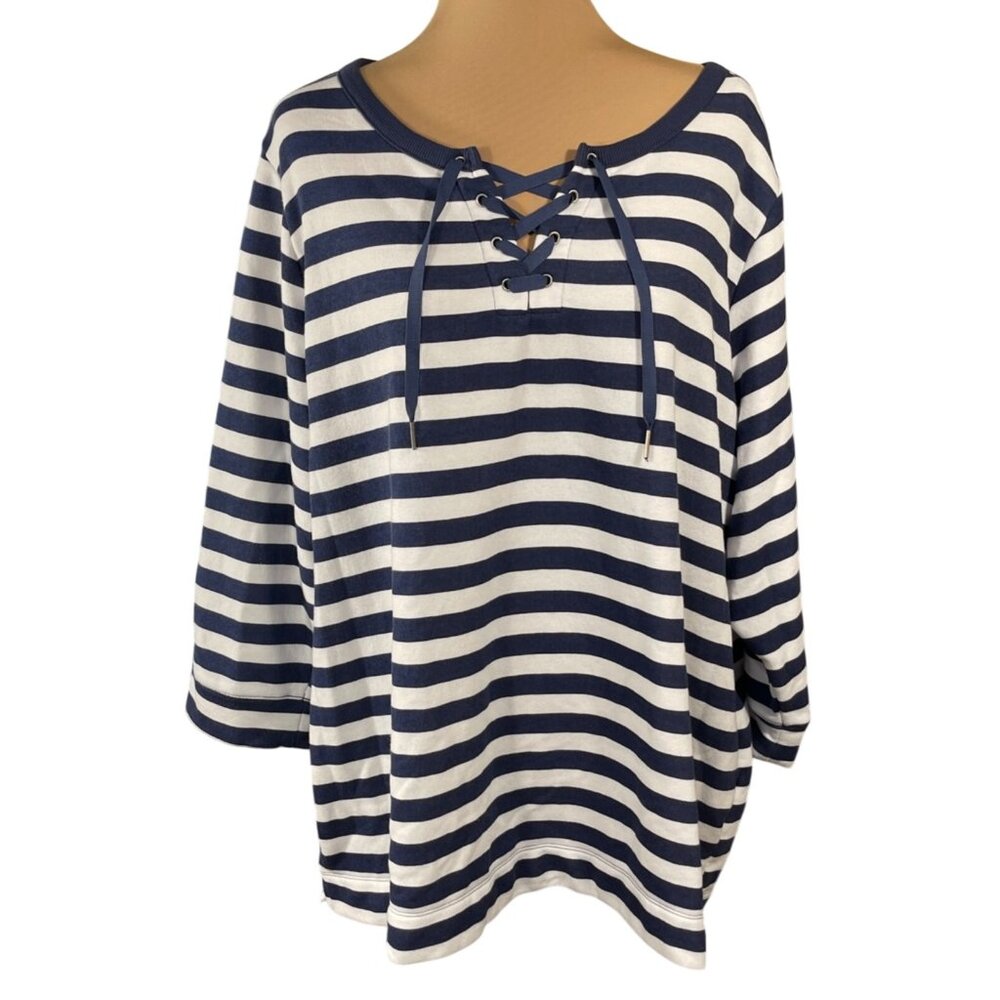 Croft & Barrow Navy White Stripe Top Pullover Lace-Up Size 2X